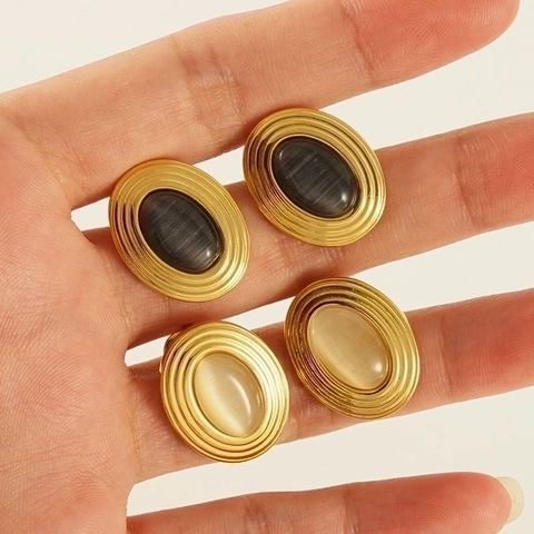 Vintage Oval Natural Stone Stud Earrings Stainless Steel Gold Plated Geometric Textured French Style For Women