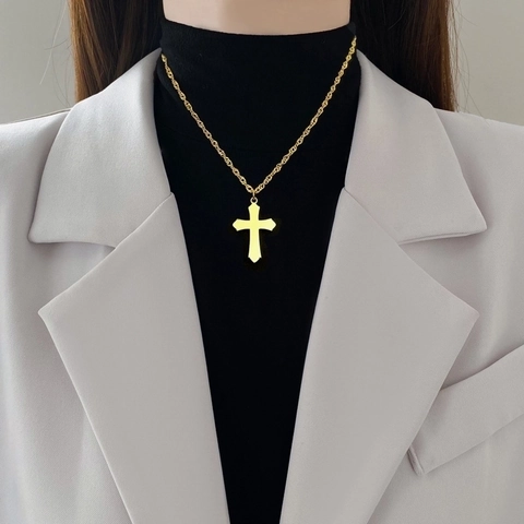 Collar Con Colgante De Cruz De Acero De Titanio Minimalista Cadena De Ondas Pulida Joyería Para Mujeres Hombres