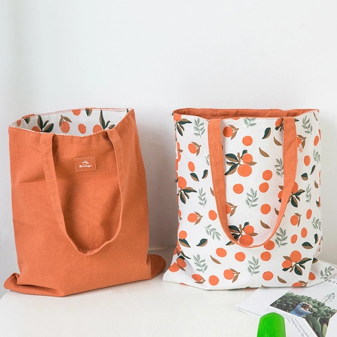 Reversible Canvas Tote Bag Cotton Linen Shopping Handbag Large Capacity Cartoon Geometric Print Casual Shoulder Bag