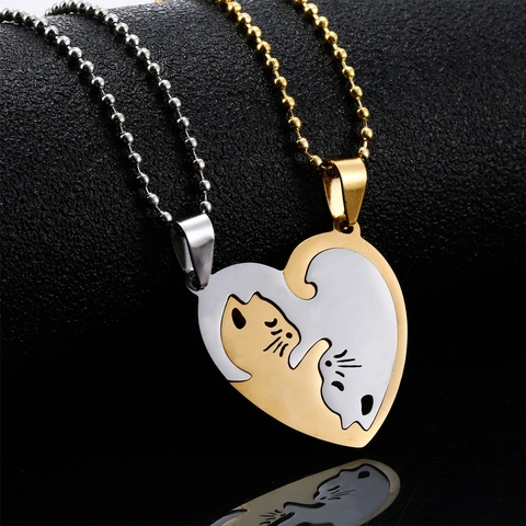 Cat Pendant Necklace Stainless Steel Heart Shaped Puzzle Splicing Hollow Out Minimalist Cute For Couples Friends Lovers Jewelry