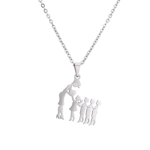 Collana Con Pendente Famiglia In Acciaio Inossidabile Galvanizzato Silhouette Madre E Figli Cuore Regalo Festa Della Mamma