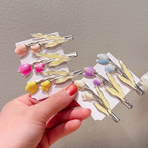 Pinces À Cheveux Fleur Tulipe Alliage Métallique Émail Bec De Canard Barrettes Latérales Coiffure Florale Douce