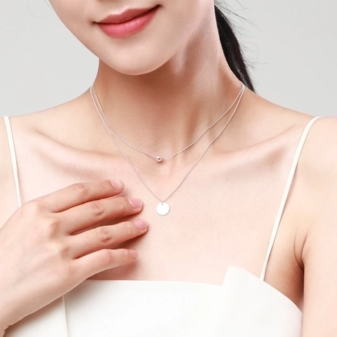 Minimalistische 925 Sterlingsilber Doppelschicht Halskette Für Damen Polierte Rundperle Kreisplatte Anhänger Schlüsselbein Kette Schmuck