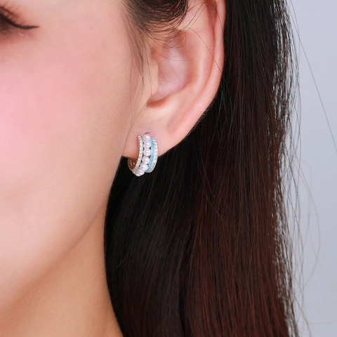 Orecchini a Bottone in Argento Sterling 925 a Forma di C con Perla Artificiale Turchese e Strass Gioielli Eleganti Donna