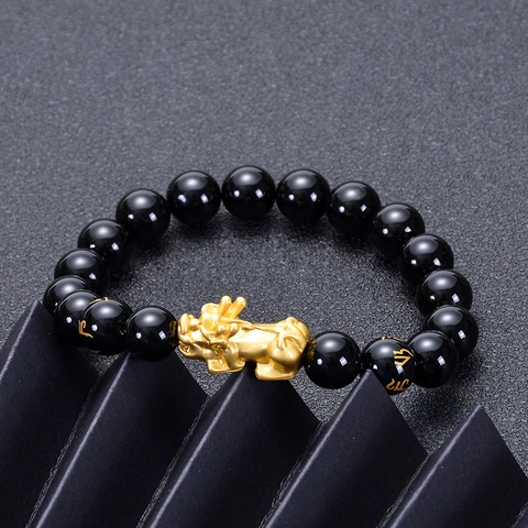 Bracelet Pi Xiu En Agate Noire Obsidienne Feng Shui Chance Perles Bouddhistes Avec Mantra Pour Hommes Et Femmes