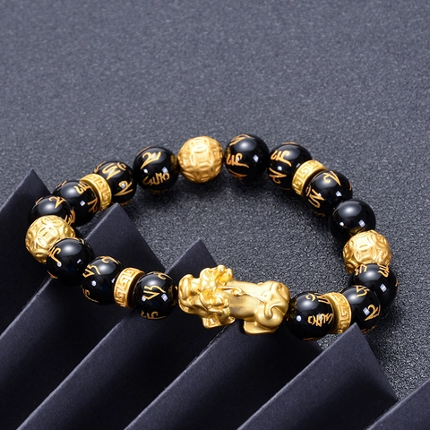 Feng Shui PiXiu Armband Natürliche Schwarze Achat Obsidian Perlen Sechs Silben Mantra Vergoldet Glücksbringer