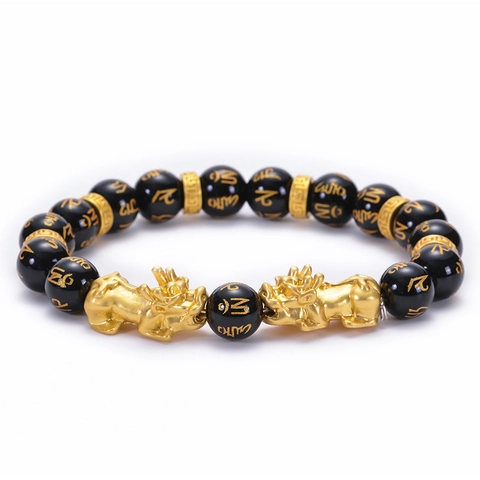 Bracelet En Agate Noire Naturelle Obsidienne Avec Perles Mantra Six Syllabes Et Pi Xiu Doré Feng Shui Richesse Chance