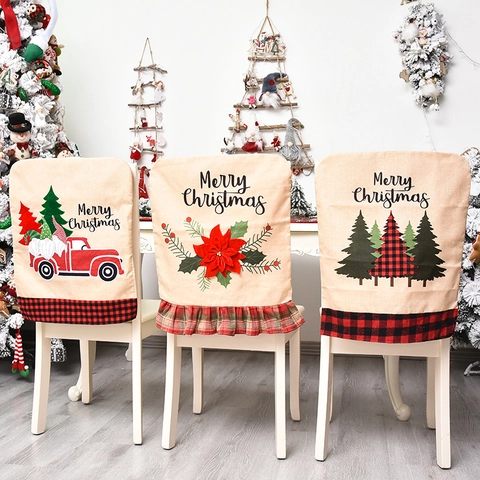 Christmas Chair Back Covers Linen Burlap Buffalo Plaid Trim Embroidery Red Truck Gnomes Poinsettia Festive Dining Decor