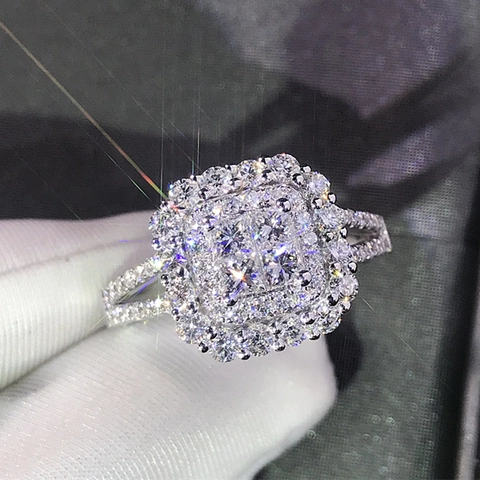 Elegant Women Wedding Ring Copper Square Double Halo Micro Pave Cubic Zirconia Luxurious Classic Clustered Jewelry