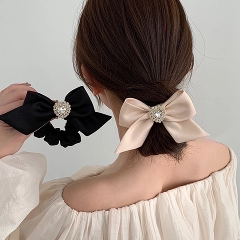 Elegant Satin Bow Scrunchie With Rhinestone Heart Large Hair Tie High Elasticity French Style Accessories For Women Girls