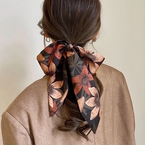 Retro Florale Satijnn Sjaal Haarband Lang Lint Strik Elegant Dames Haaraccessoires Decoratieve Sjaal Veelzijdig Mode