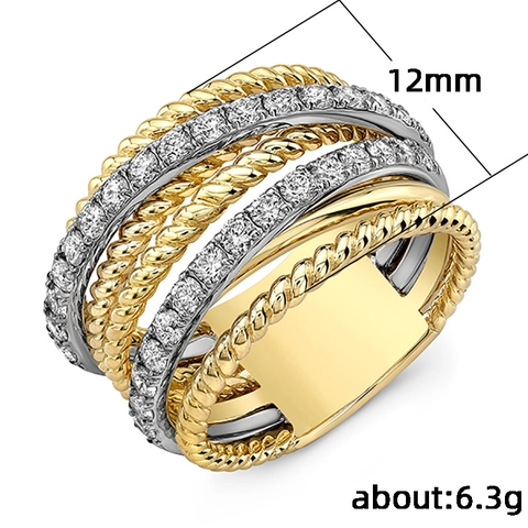 Women Two-Tone Copper Ring Multi-Layer Stacked Micro-Pave Cubic Zirconia Twisted Rope Fashion Jewelry