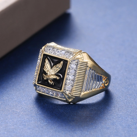 Men Eagle Signet Ring Gold Plated Copper Black Enamel Rhinestone Inlaid Vintage Punk Style Jewelry
