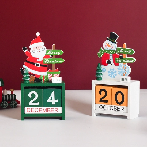 Christmas Advent Calendar Wooden Desktop Countdown Ornament Santa Snowman Reindeer Perpetual Block Decorative Festive Tabletop Display
