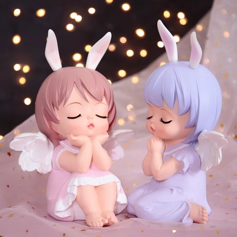 Angel Girl Figurine Resin Vinyl Rabbit Ears Wings Praying Sleeping Ornament Desktop Home Decor Gift