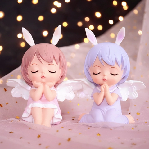 Angel Girl Figurine Resin Vinyl Rabbit Ears Wings Praying Sleeping Ornament Desktop Home Decor Gift