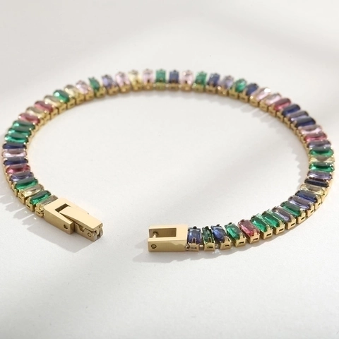 Baguette Cut Cubic Zirconia Tennis Bracelet Stainless Steel 18K Gold Plated Elegant Fashion Jewelry For Women