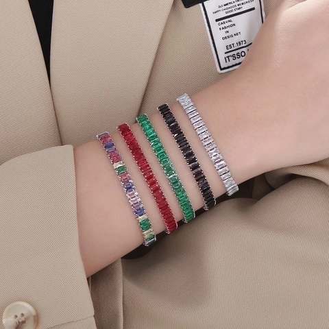 Baguette Cut Cubic Zirconia Tennis Bracelet Stainless Steel Luxury Colorful Zircon Crystal Versatile Jewelry For Women