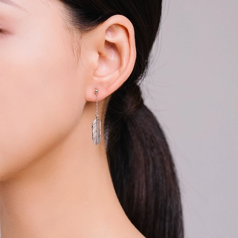 Orecchini Pendenti In Argento Sterling 925 Piuma Catena Lunga Nappa Foglia Cava Gioielli Eleganti Per Donne