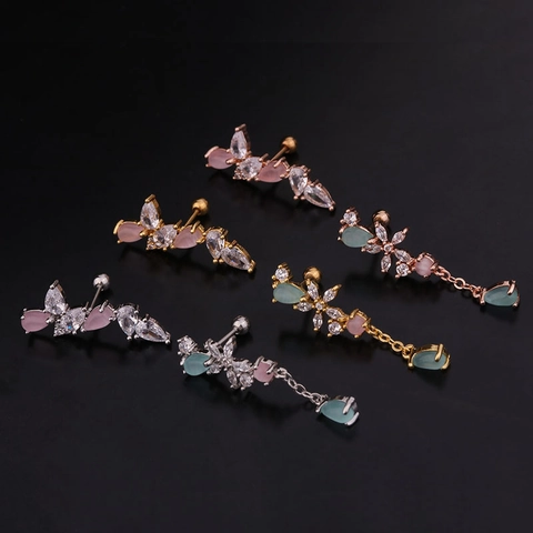 Bloem Waterdruppel Zirkonia Helix Piercing Studs Roestvrijstalen Schroefdraad Sieraden Voor Dames
