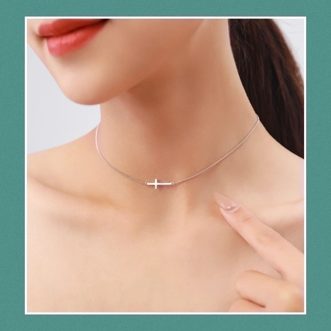 Collana Croce Orizzontale Argento Sterling 925 Girocollo Geometrico Minimalista Per Donna Gioielli
