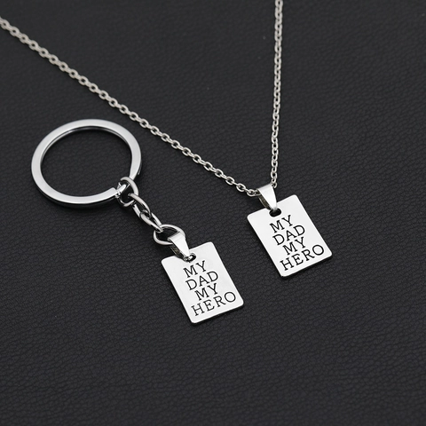 Cadeau Fête Des Pères My Dad My Hero Ensemble Collier Pendentif En Alliage D'Argent Et Porte-Clés Bijoux Géométriques Gravés
