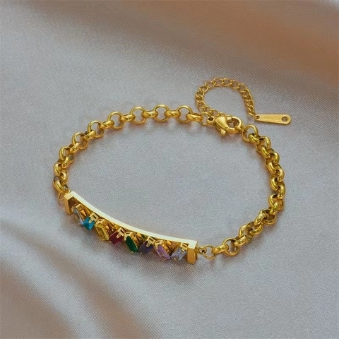Bracciale Zirconia Rettangolare Arcobaleno Acciaio Inossidabile Placcato Oro Catena Regolabile Gioielli Vintage