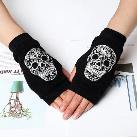 Guantes de Punto Góticos con Calavera de Diamantes de Imitación sin Dedos Mujeres Hombres Punk Calentadores de Brazos