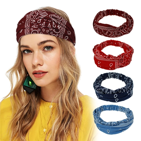 Bohemian Paisley Print Elastic Headband For Women Soft Polyester Cotton Hair Band Wide Turban Headwrap For Daily Sports Yoga