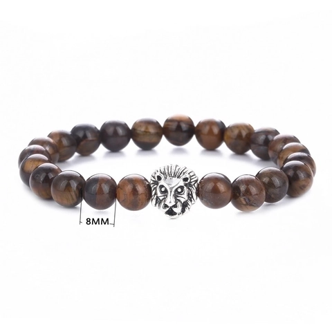 Lion Head Tiger Eye Stone Beaded Bracelet Elastic Natural Gemstone Punk Jewelry For Men Women