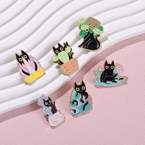 Cartoon Black Cat Potted Plant Enamel Brooches Alloy Pin Badges Cute Novelty Aesthetic Clothing Backpack Decor For Men Women