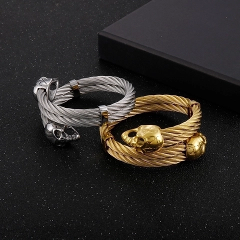 Men Double Skull Head Stainless Steel Cable Wire Bangle Bracelet Punk Gothic Rock Open Cuff Jewelry Gift