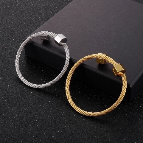 Men Stainless Steel Wire Rope Cable Bracelet Retro Industrial Open Cuff Bangle Hexagon Geometric Design Jewelry