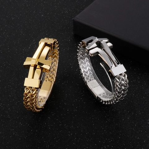 Pulsera De Cadena Para Hombre Acero Inoxidable 316L Dije De Cruz Tejida Estilo Punk Hip Hop Joyería De Acero Titanio
