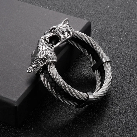 Wolf Head Cuff Bangle Stainless Steel Braided Cable Wire Punk Viking Style Men Vintage Animal Jewelry
