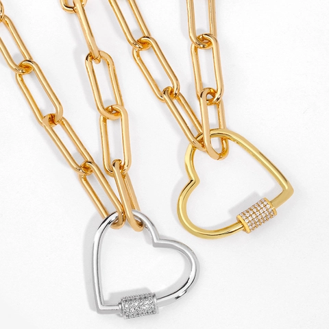 Chunky Paperclip Chain Necklace With Heart Carabiner Lock Pendant Pavé Zircon 18K Gold Plated Copper Jewelry For Women