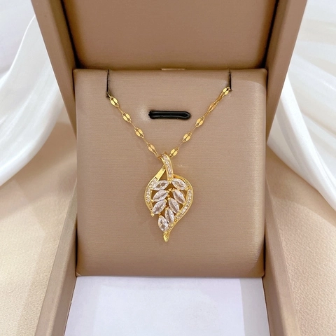Collana Con Ciondolo A Foglia Catena In Acciaio Al Titanio Ottone Micro Pavé Zircone Gioielli Di Lusso Da Donna