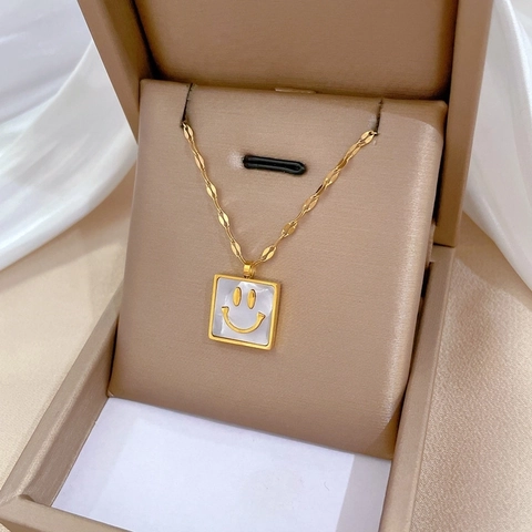 Stainless Steel Shell Square Smiley Face Pendant Necklace Minimalism Gold Silver Tone Fashion Jewelry For Women