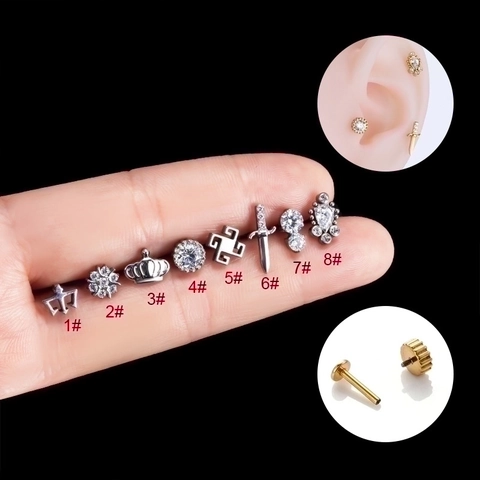 G23 Titane Filetage Interne Couronne Labret Stud Oreille Cartilage Piercing Bijoux Avec Cristal De Zircone Fond Plat