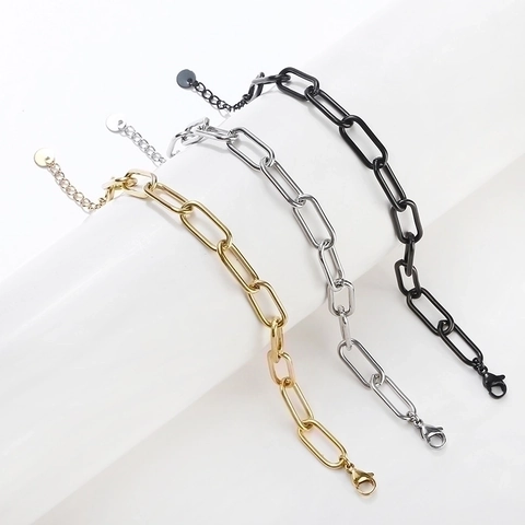 Minimalist Stainless Steel Paperclip Link Chain Bracelet Adjustable Geometric Hollow Jewelry For Women