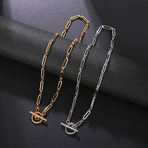 Paperclip Link Necklace Stainless Steel Minimalist Geometric Toggle Clasp Fashion Retro Trendy Jewelry For Women Men