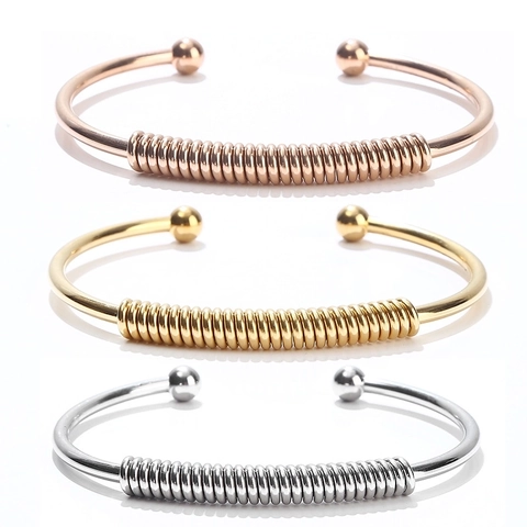 Stainless Steel Open Bangle Minimalist Spring Coil Bracelet Double Ball Ends Waterproof Smooth Jewelry For Women Men