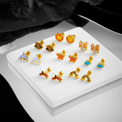 Cute Cartoon Animal Stud Earrings Titanium Steel Gold Plated Colorful Enamel Screw Back Jewelry For Women Girls