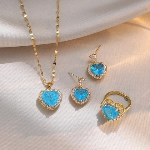 Heart Shaped Jewelry Collection Light Blue Zircon Stainless Steel Necklace Earrings And Adjustable Ring For Women Elegant Fashion