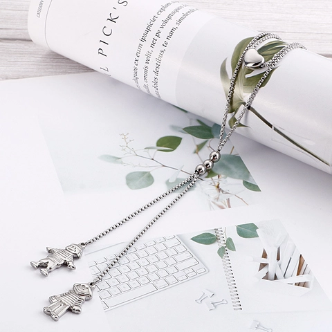 Double Layer Necklace Stainless Steel Heart And Character Pendants Minimalist Long Y Chain Fashion Jewelry For Women