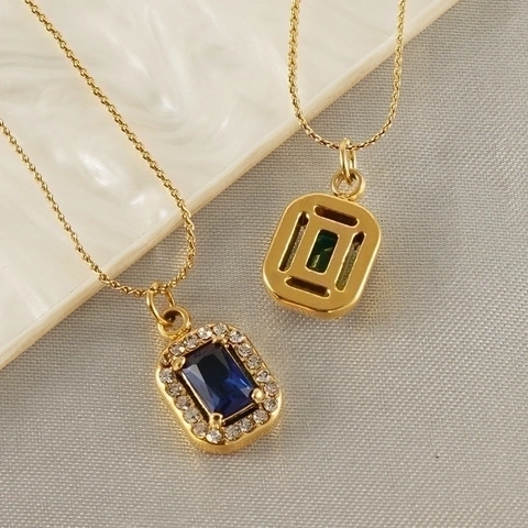 Stainless Steel Necklace 18K Gold Plated Rectangular Zircon Pendant Halo CZ Geometric Elegant Jewelry For Women