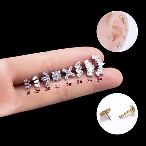 Boucle Oreille Cartilage Titane Labret Stud Piercing Zircon Géométrique Lune Étoile Bijoux Corps Hypoallergéniques Femmes Hommes