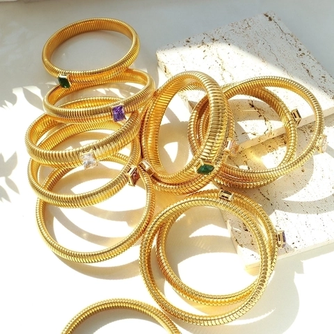 Tubogas Elastic Bangle Gold Plated Stainless Steel With Rectangular Zircon Vintage Elegant Jewelry For Women