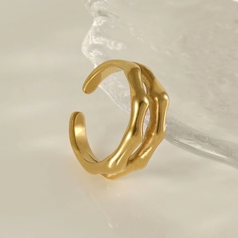 Bamboo Joint Open Ring 18K Gold Plated Stainless Steel Adjustable Fashion Jewelry For Women