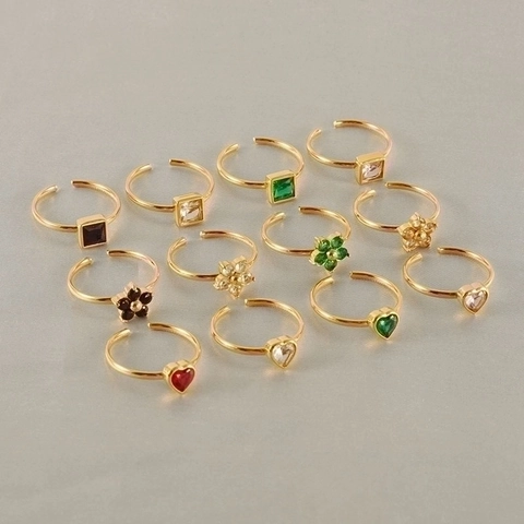 Stainless Steel 18K Gold Plated Adjustable Rings For Women Heart Square Flower Zircon Rhinestone Fashion Jewelry